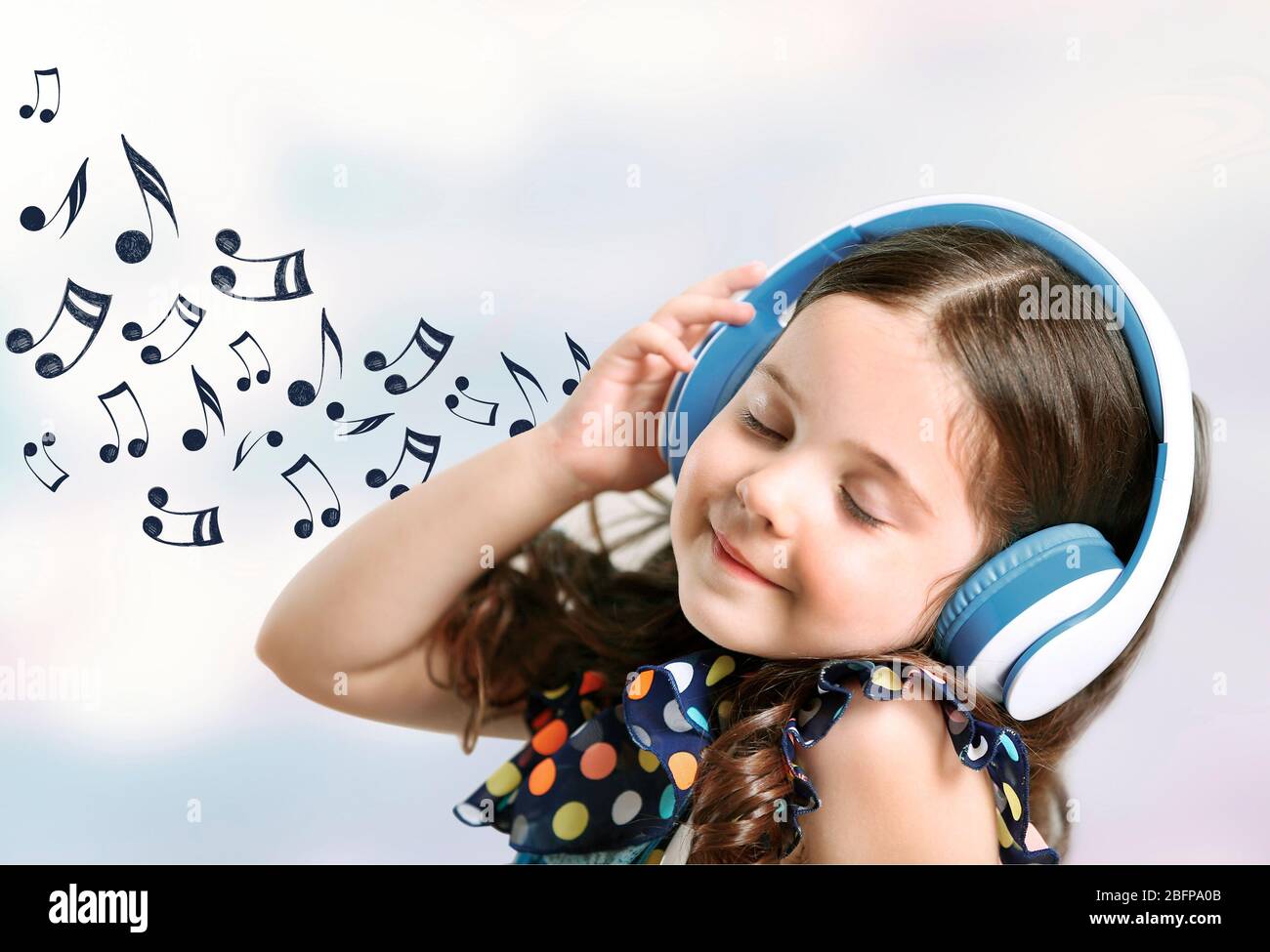 picture Musical Notes Background Portrait https www alamy com little cute girl listening to music musical notes design on light background image353917995 html