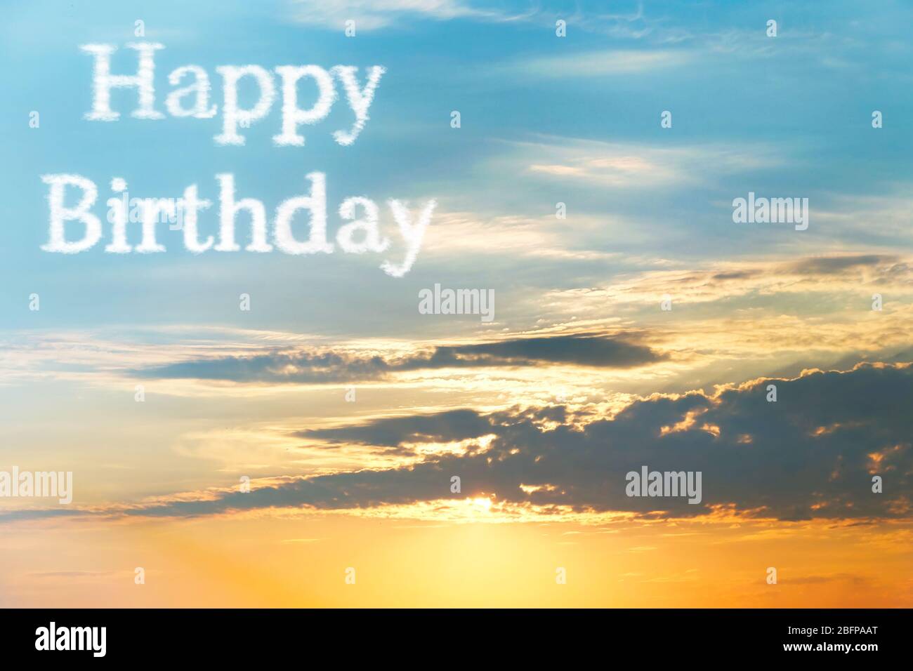 Happy Birthday text on beautiful sunset sky background Stock Photo ...
