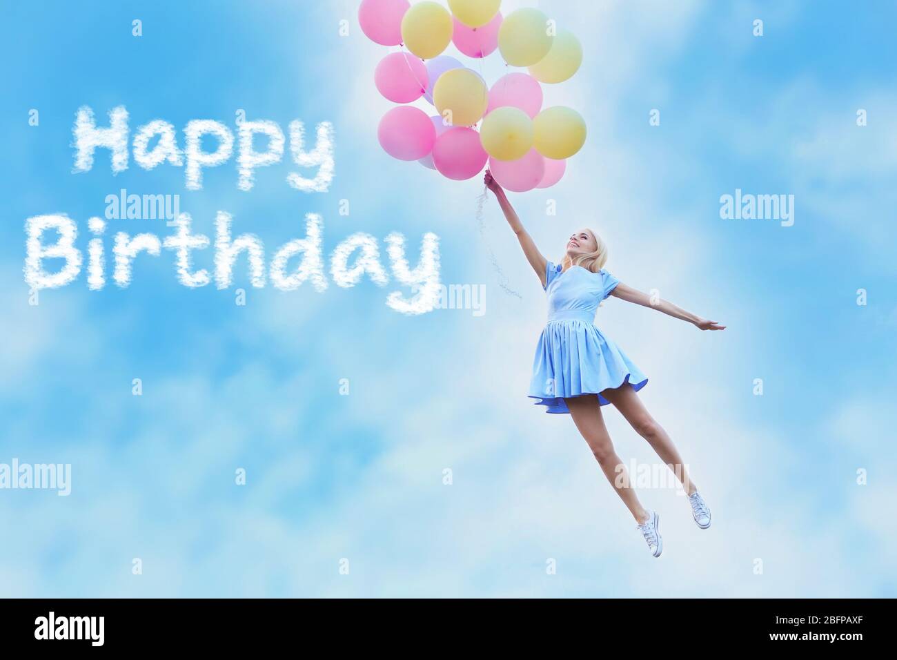Happy Birthday Beautiful Young Woman Happy Birthday Text And Beautiful Young Woman With Colorful Balloons  Against Blue Sky Stock Photo - Alamy