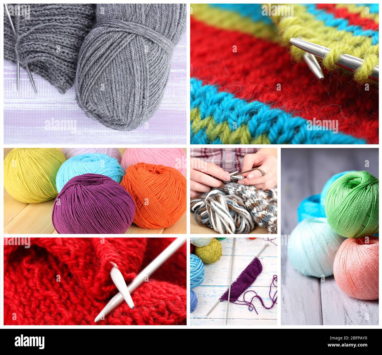 Knitting collage. Female hands knitting. Hobby and handicraft concept