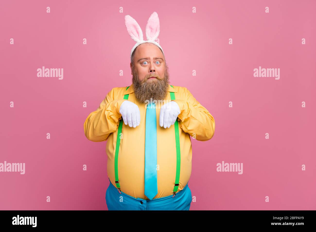 Portrait of his he nice funky bearded guy wearing bunny ears white ...