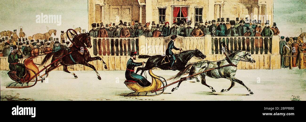 Horse racing on the frozen Neva River in St Petersburg, Russia, during the mid-19th Century. Stock Photo