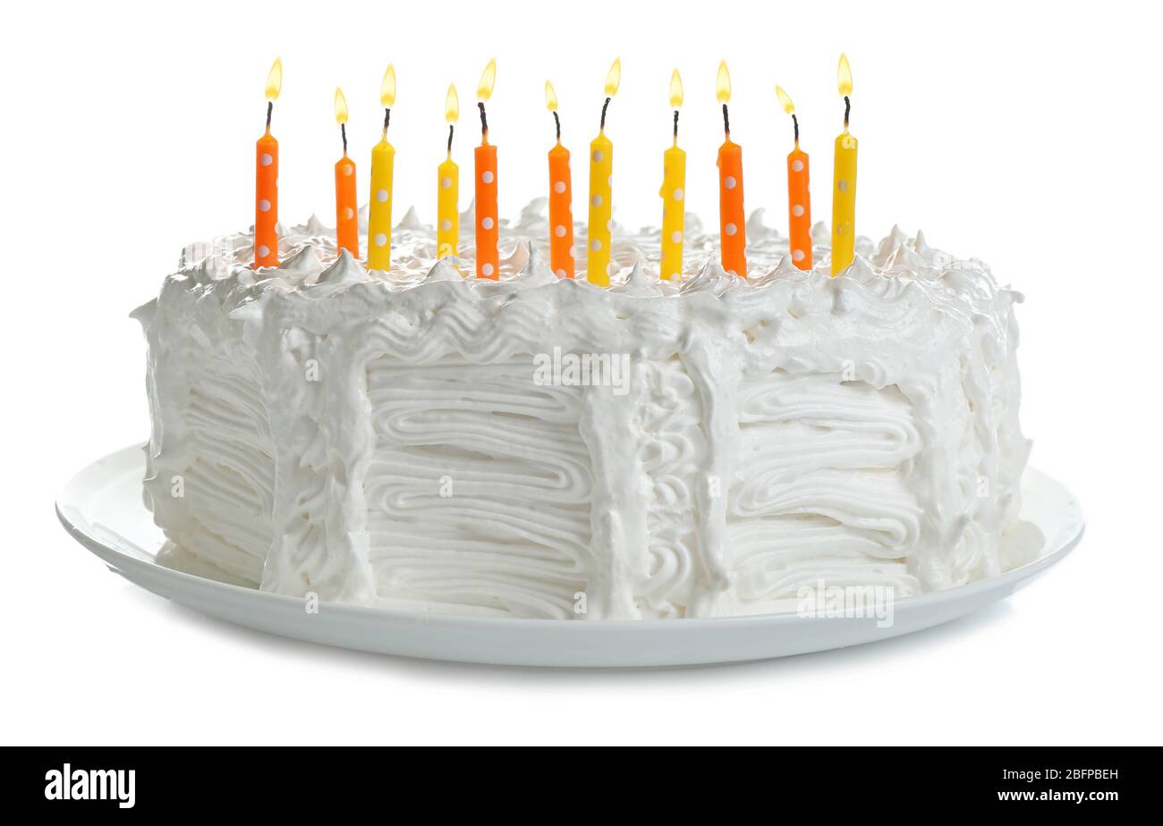 Birthday cake with candles, isolated on white Stock Photo - Alamy