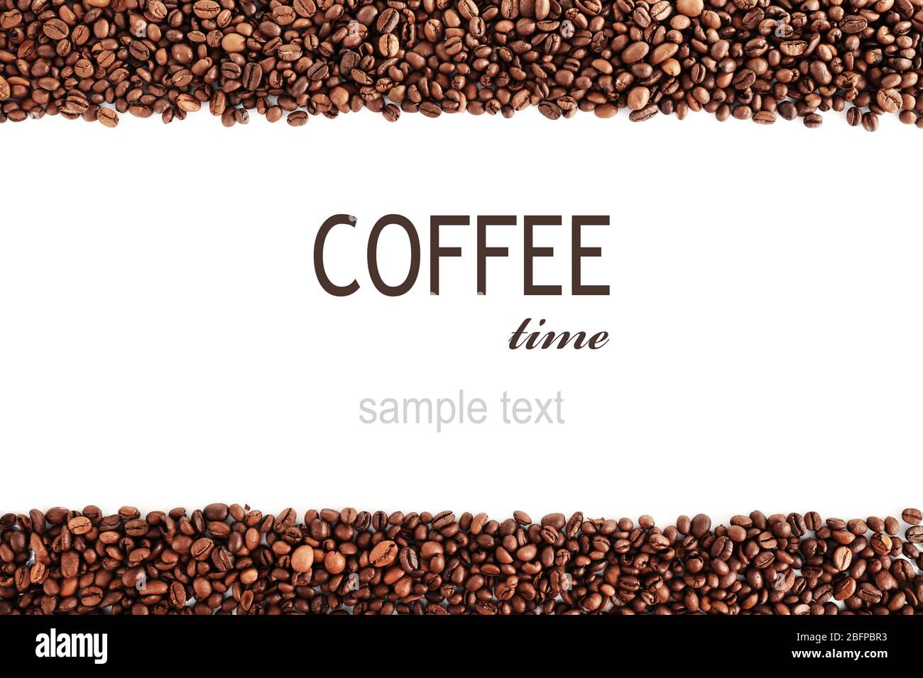 Roasted coffee beans with text COFFEE TIME on white background. Space ...