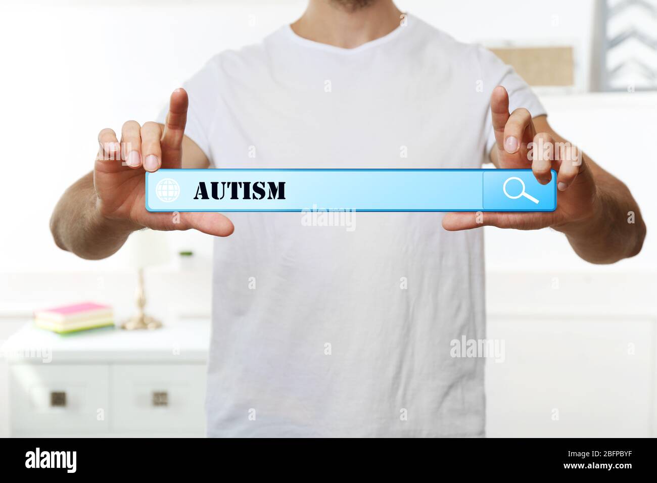 Young man working with virtual screen. Children autism concept Stock ...