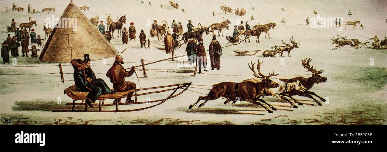 Reindeer racing on the frozen Neva River in St Petersburg, Russia, during the mid-19th Century. Stock Photo