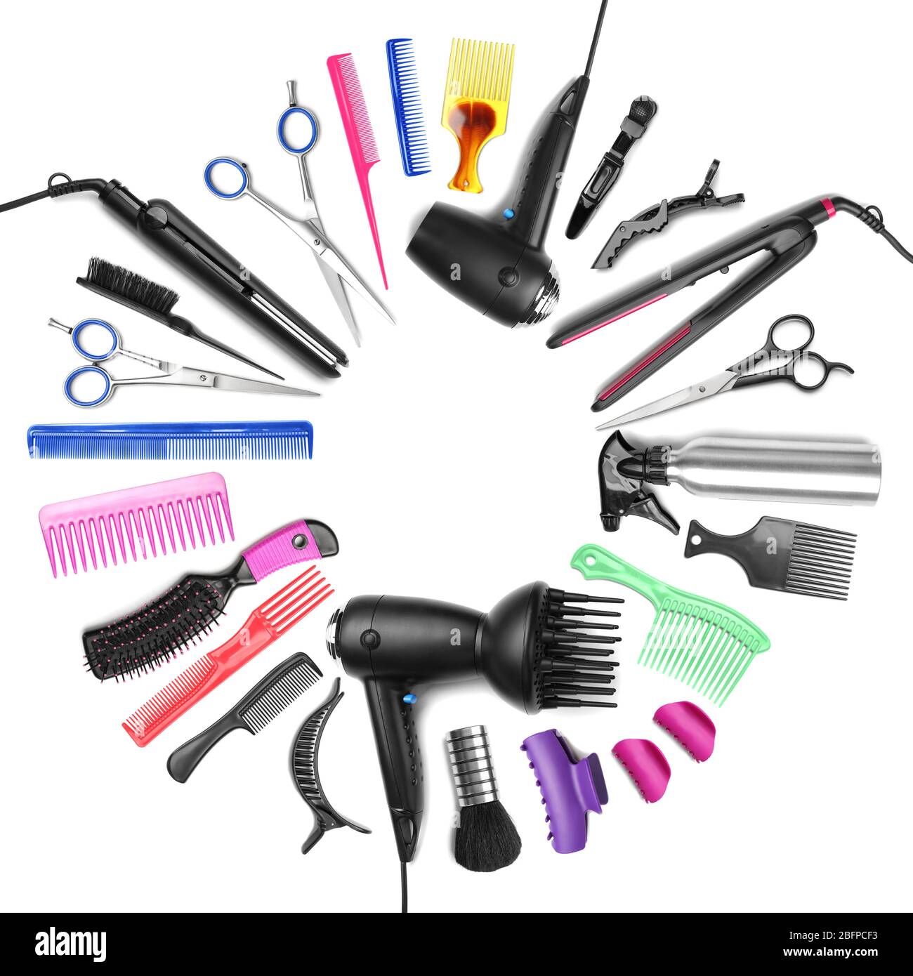 Different professional hairdresser equipment with space for text on white  background Stock Photo - Alamy