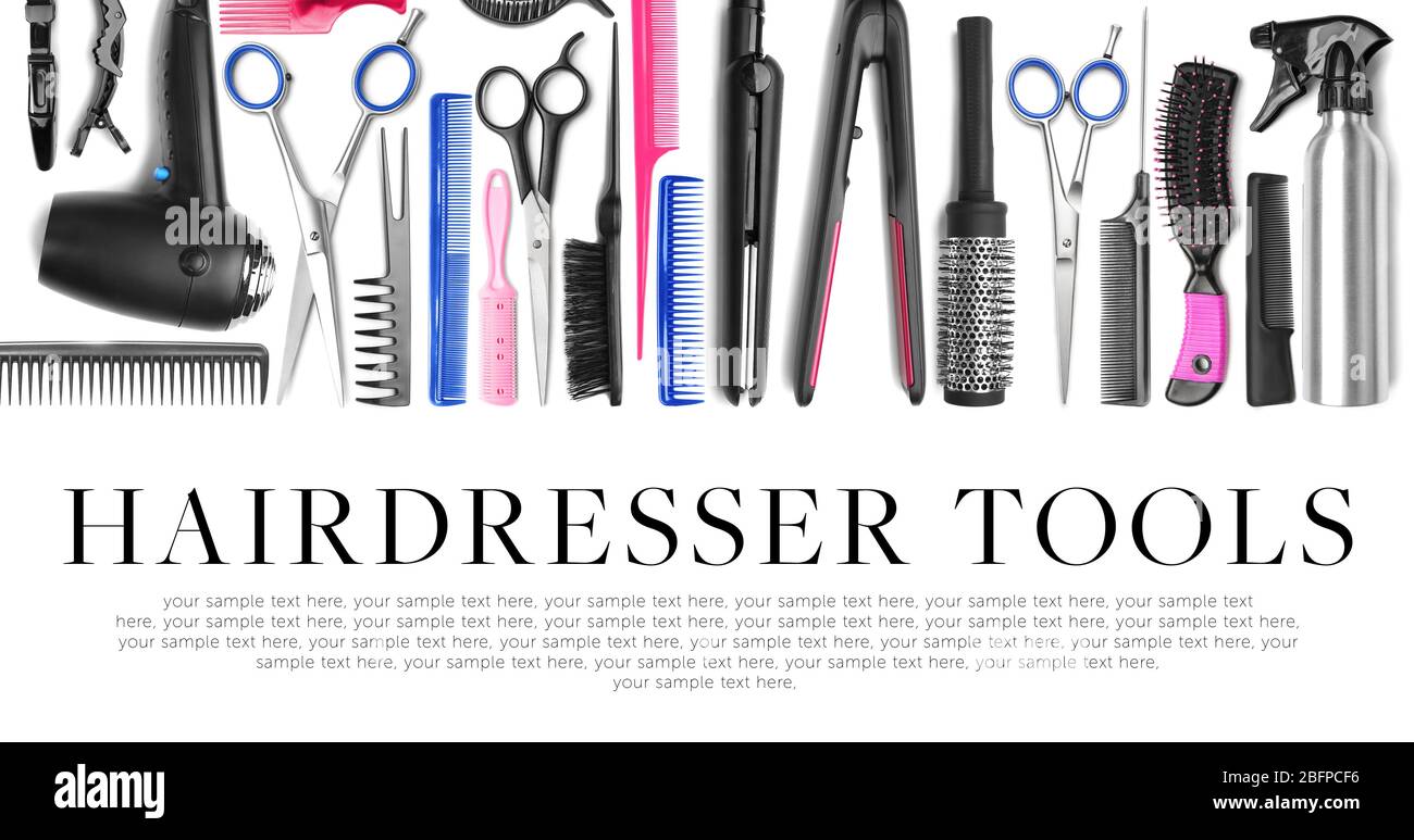 Different professional hairdresser equipment. Text HAIRDRESSER TOOLS on