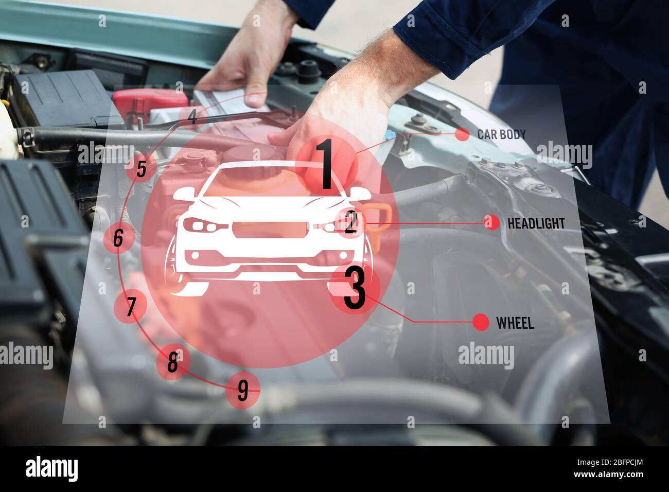 Interface of modern car diagnostic program on engine background. Car