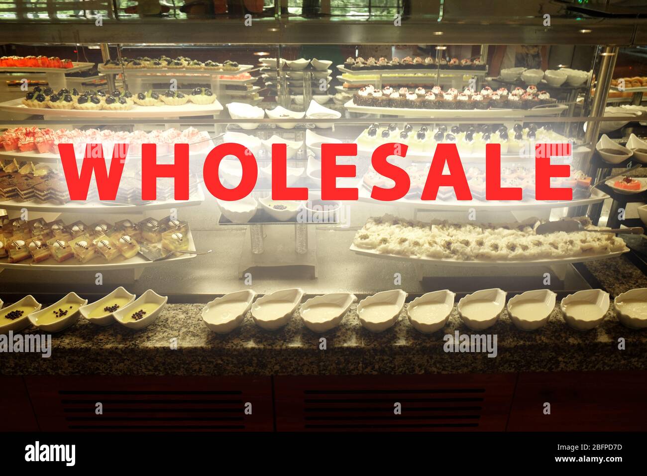 Wholesale concept. Different dessert cakes for sale at the shop Stock