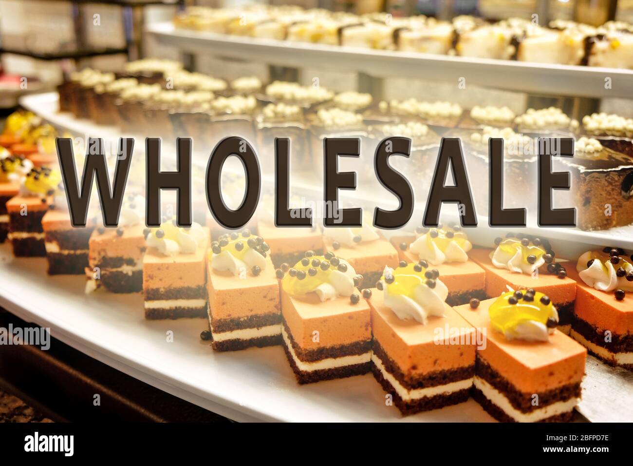 Wholesale concept. Different dessert cakes for sale at the shop Stock
