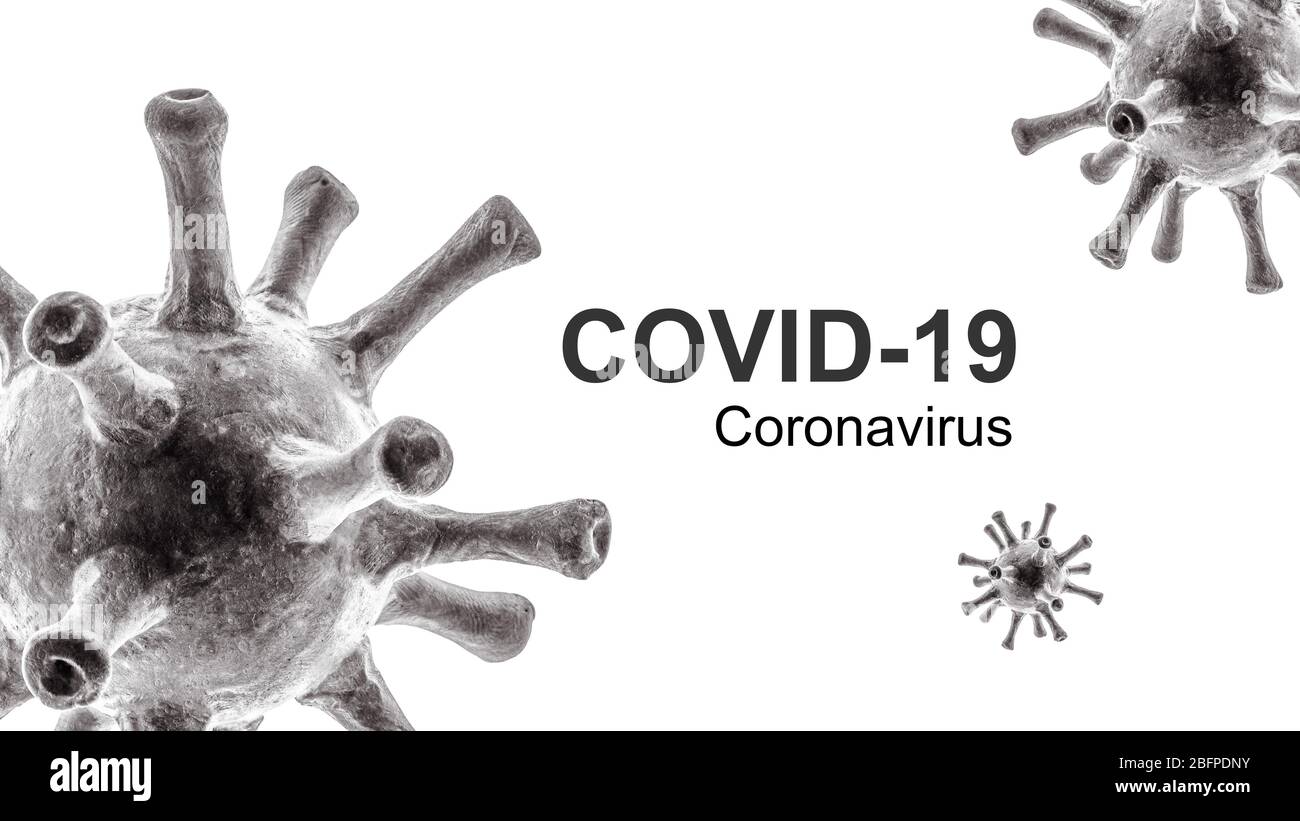 COVID-19 coronavirus banner, 3d illustration, pathogen germs and text isolated on white background. Novel SARS-CoV-2 corona virus global outbreak. Pos Stock Photo