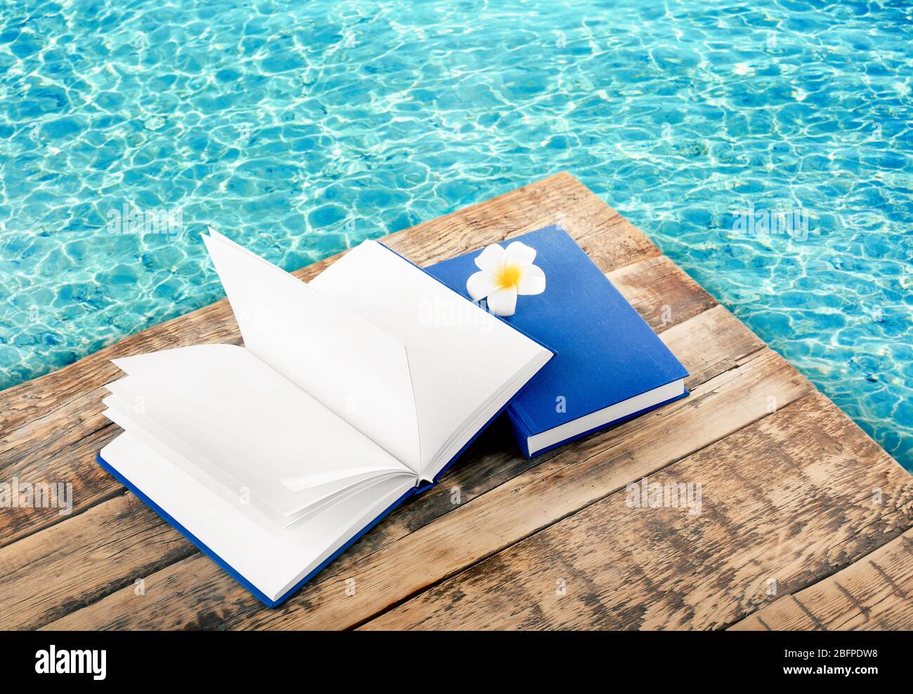 Reading During Summer Vacation Books And Flower On Wooden Pier Near Water Stock Photo Alamy