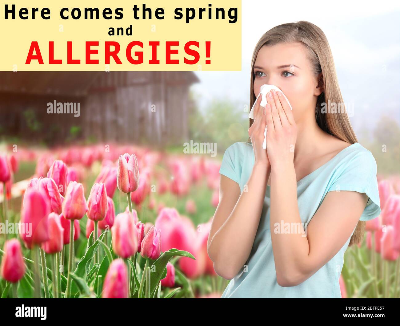 Pollen allergy. Young woman with tissue outdoor Stock Photo Alamy