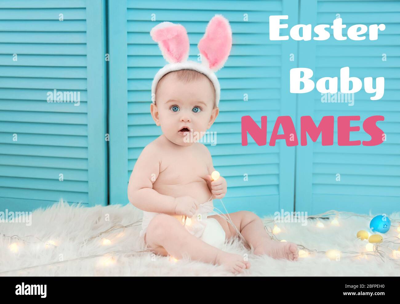 Concept of choosing Easter baby names. Little child with bunny ears sitting on rug Stock Photo