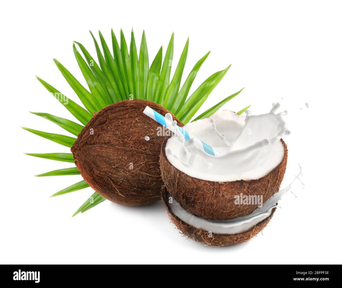 Coconuts and milk splash on white background Stock Photo
