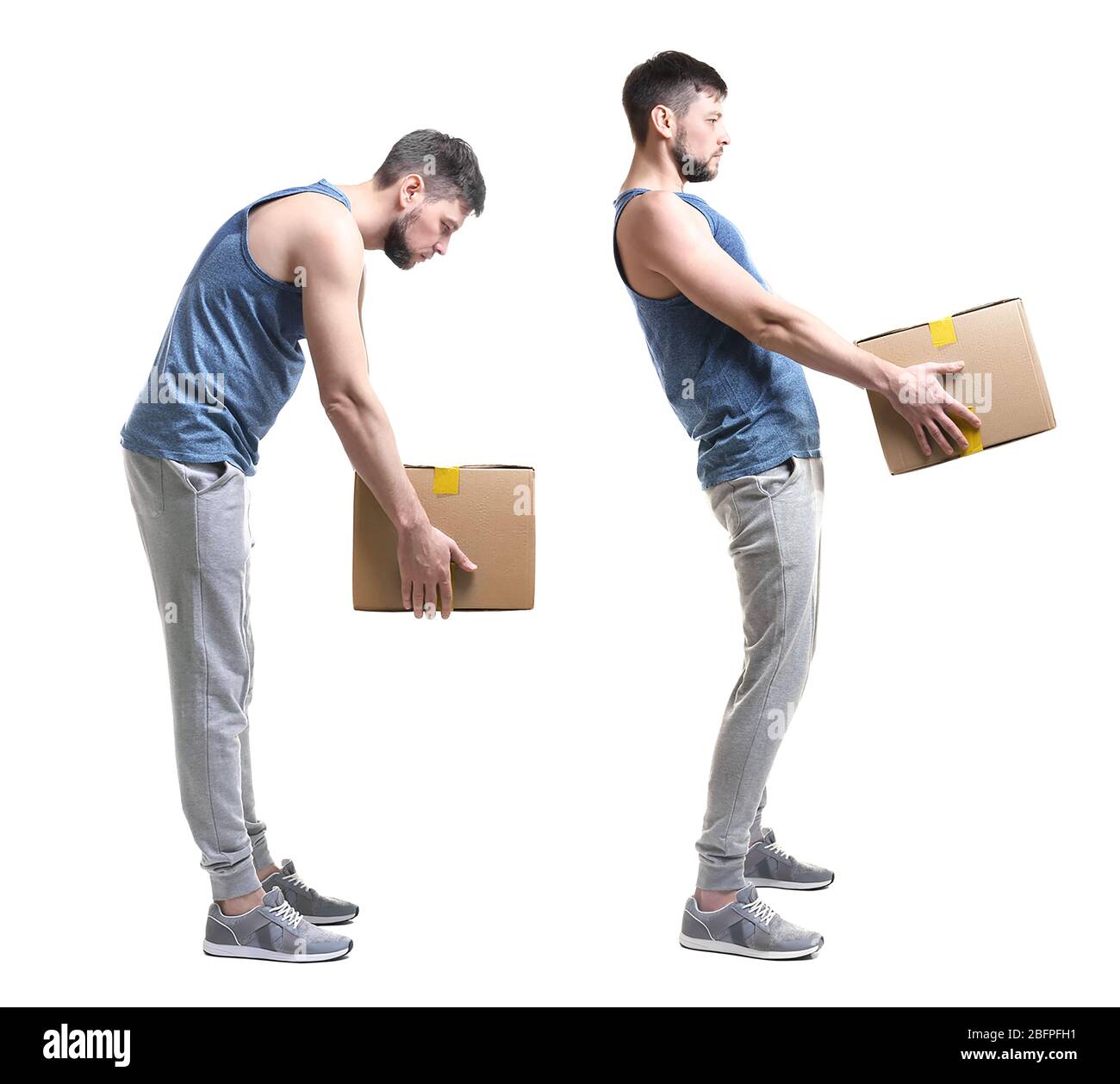 Rehabilitation concept. Collage of man with poor posture lifting heavy cardboard box on white background Stock Photo
