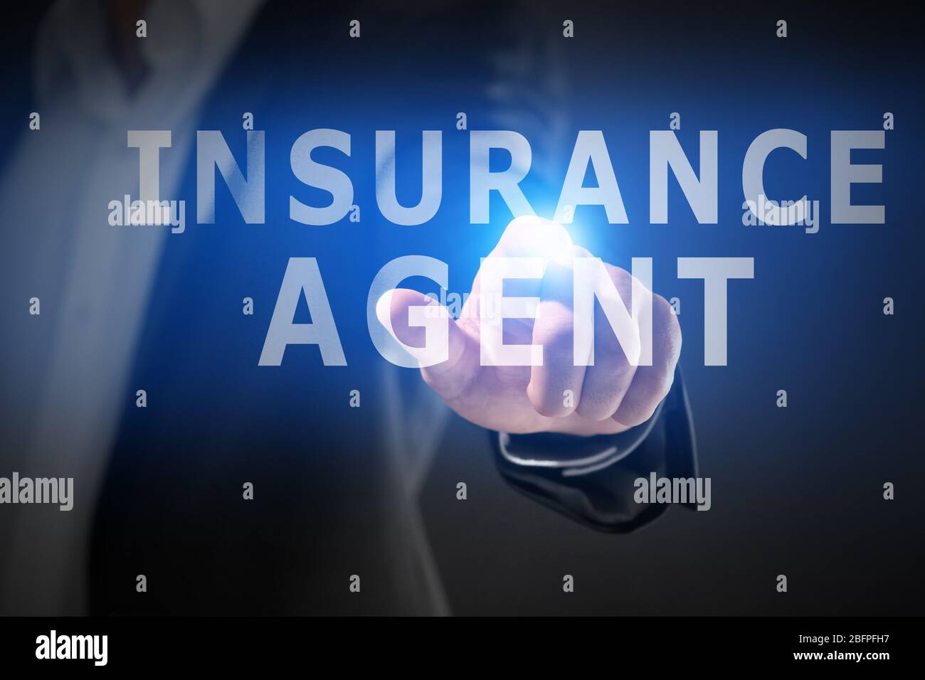 Insurance agent concept. Businessman working with virtual screen, closeup Stock Photo