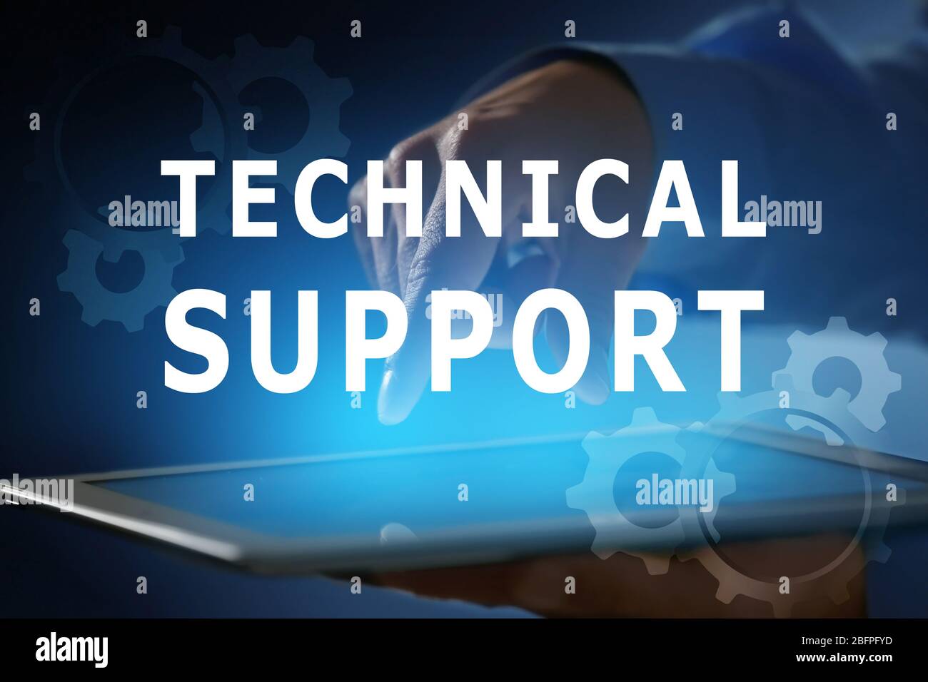 Technical support concept. Man working with tablet, closeup Stock Photo