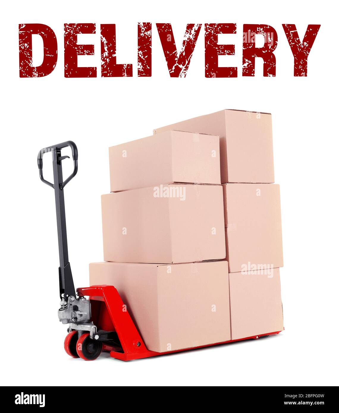 Delivery concept. Fork pallet truck with stack of cardboard boxes on white background Stock Photo