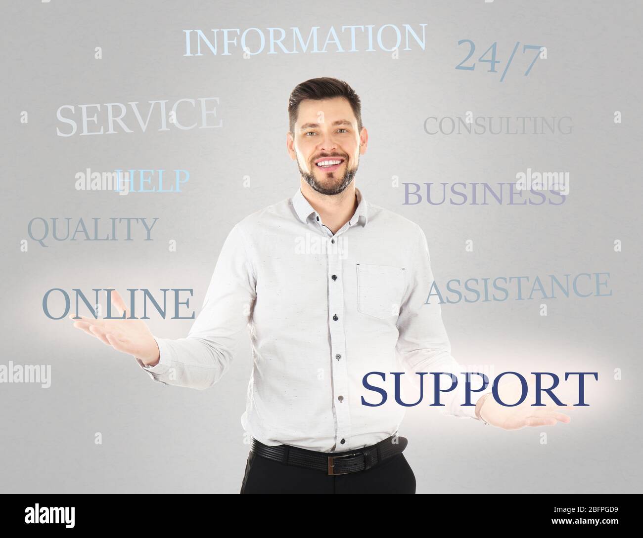 Online support concept. Man and text on light background Stock Photo