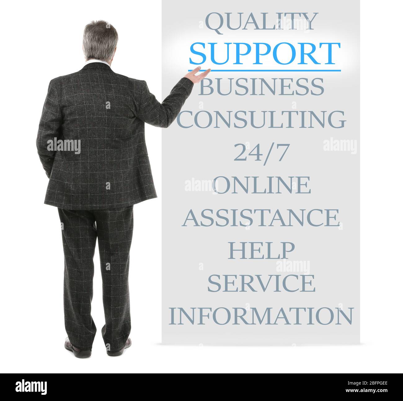 Help desk concept. Man pointing on word SUPPORT against white background Stock Photo