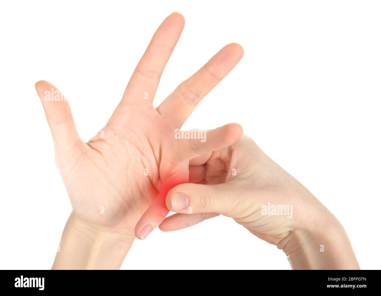 Concept of orthopedist. Woman suffering from pain in knuckle joint on white background Stock