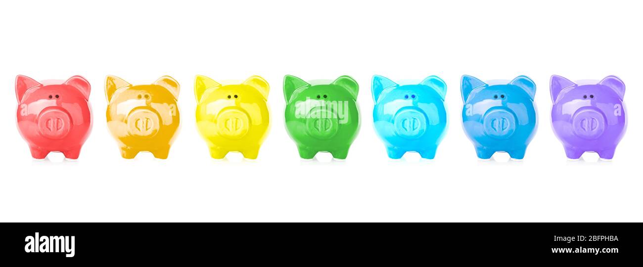 Colorful piggy banks on white background. Money savings concept Stock ...