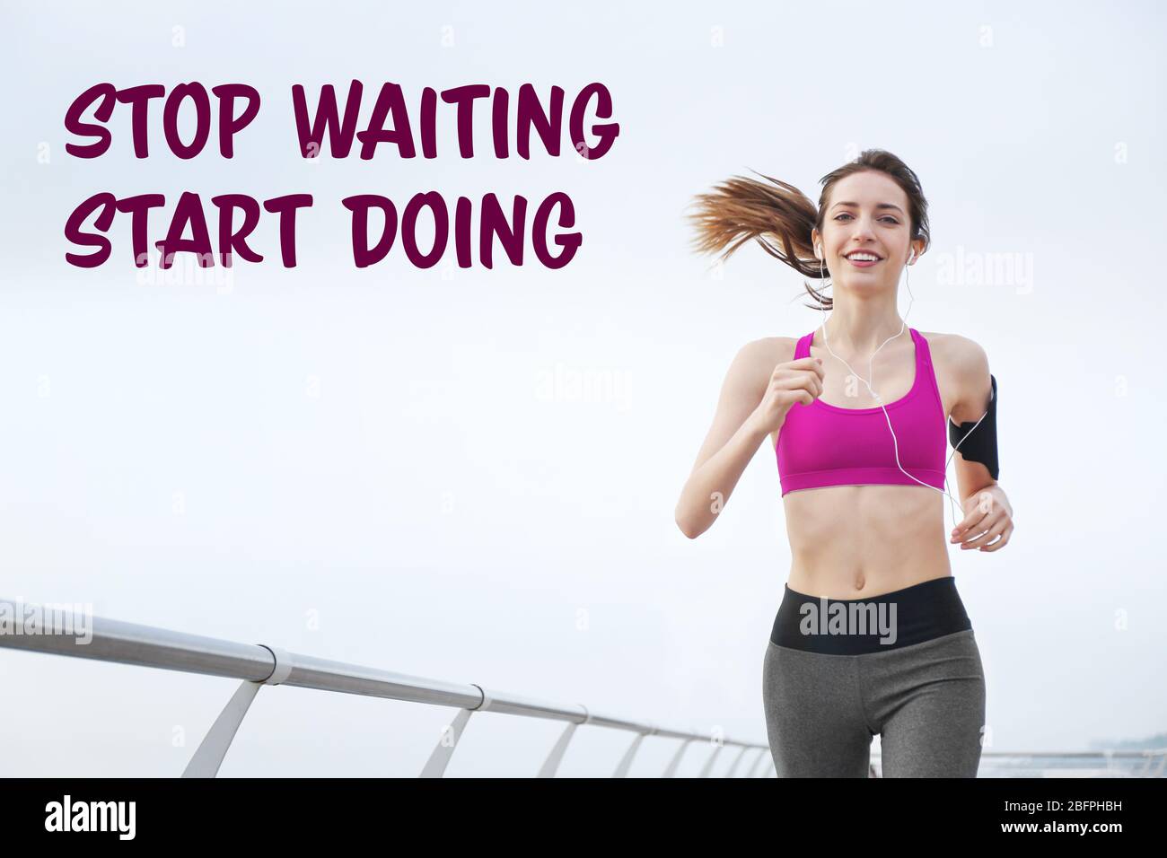 Weight loss motivation concept. Young woman running outdoor. Text ...