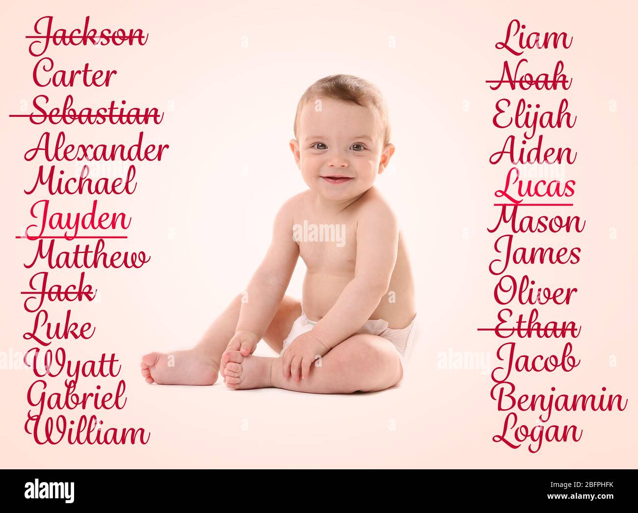 Baby names concept. Cute little boy sitting on color background ...
