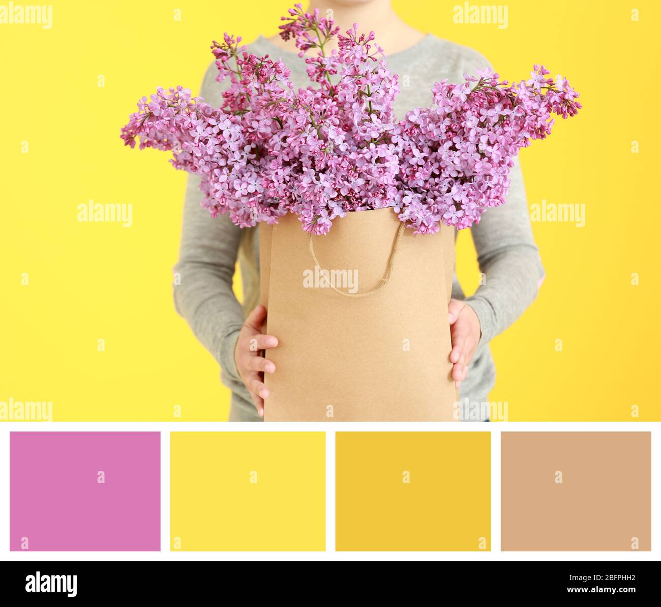 Color matching palette. Woman holding lilac flowers in paper bag on yellow background Stock Photo