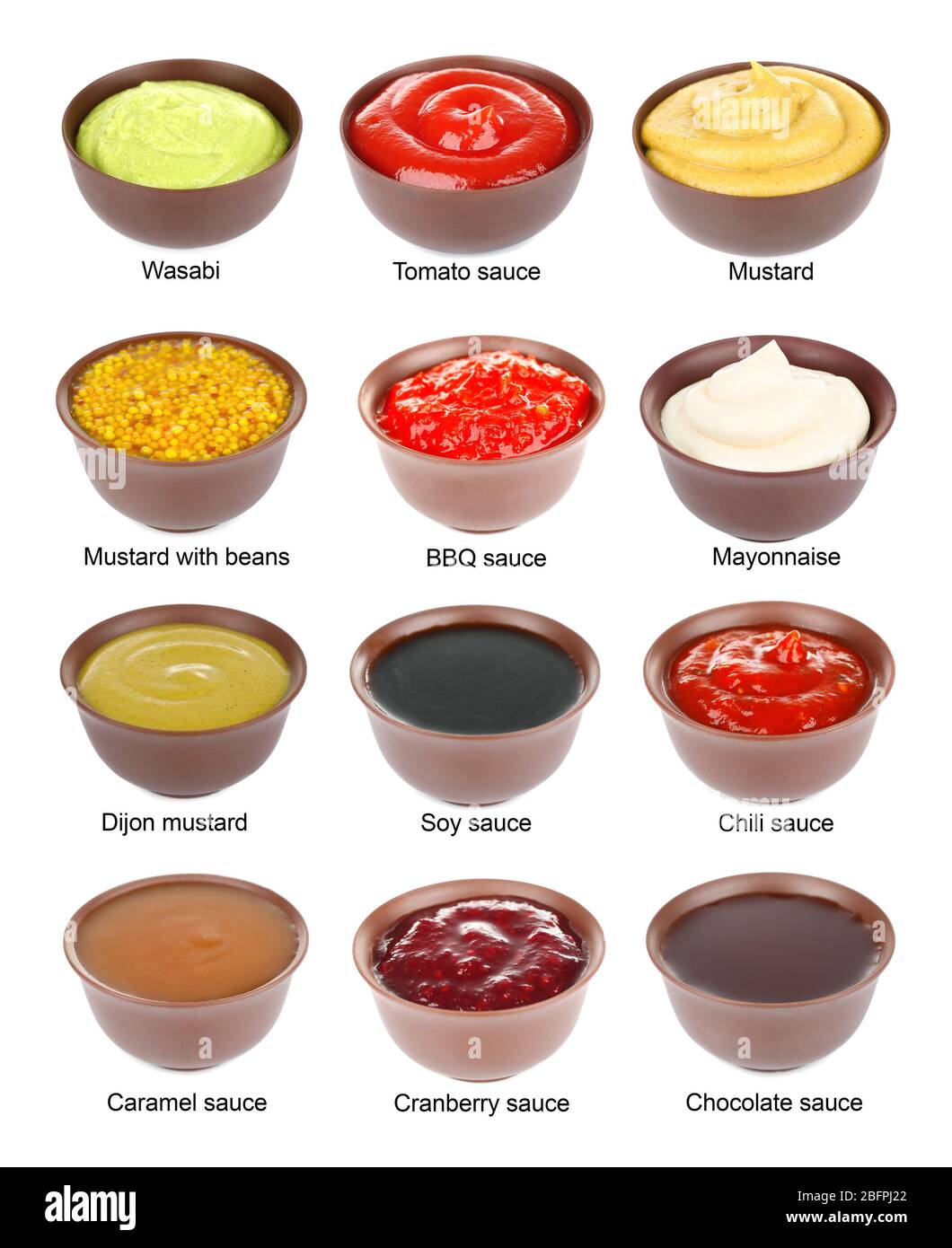 Set of different sauces with names on white background Stock Photo - Alamy