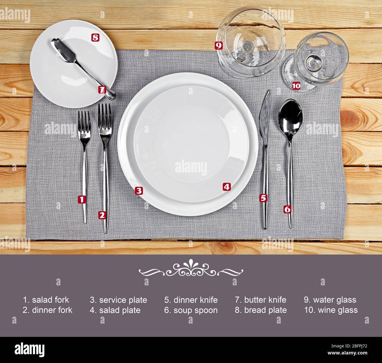 Arrangement of dishware and cutlery on wooden background. Table setting