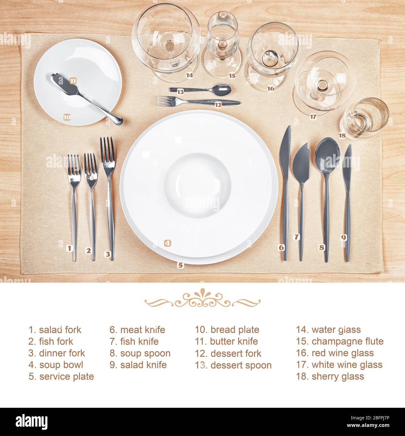 Arrangement Of Dishware And Cutlery On Wooden Background Table Setting Rules And Etiquette Stock Photo Alamy