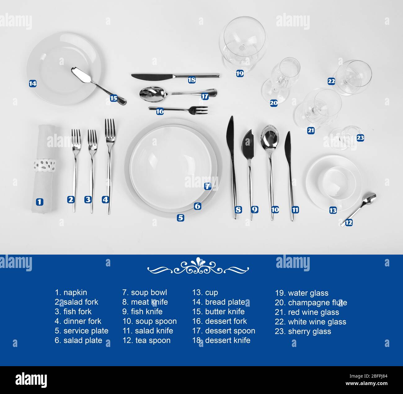 Arrangement Of Dishware And Cutlery On White Background Table Setting Rules And Etiquette Stock Photo Alamy