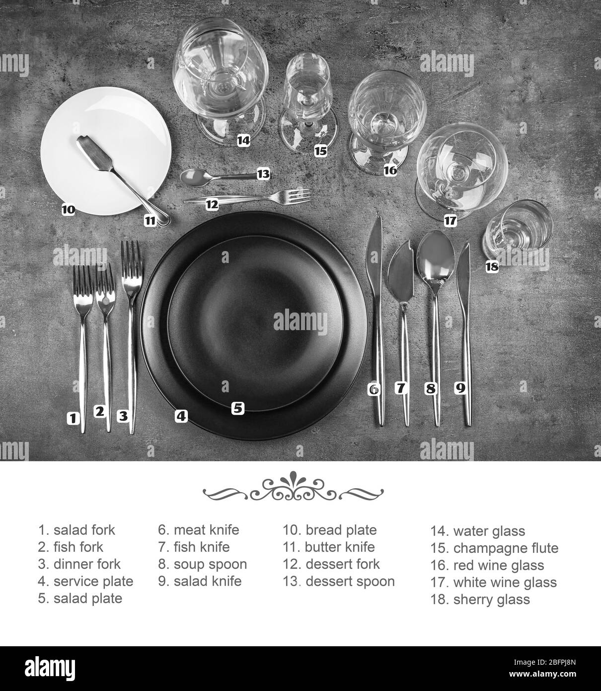 Arrangement of dishware and cutlery on gray background. Table setting rules  and etiquette Stock Photo - Alamy