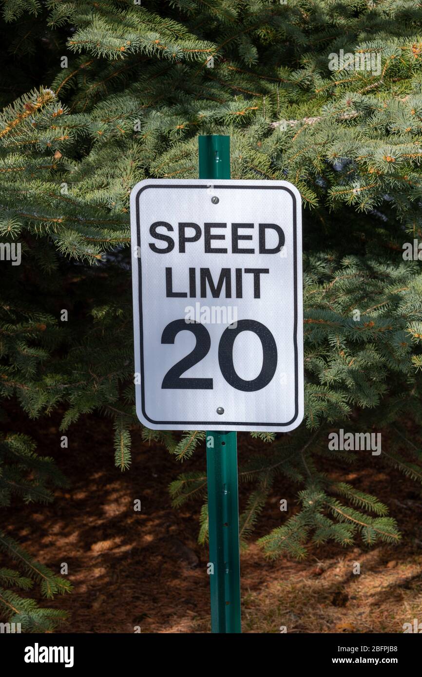 A close up of a speed limit sign Stock Photo