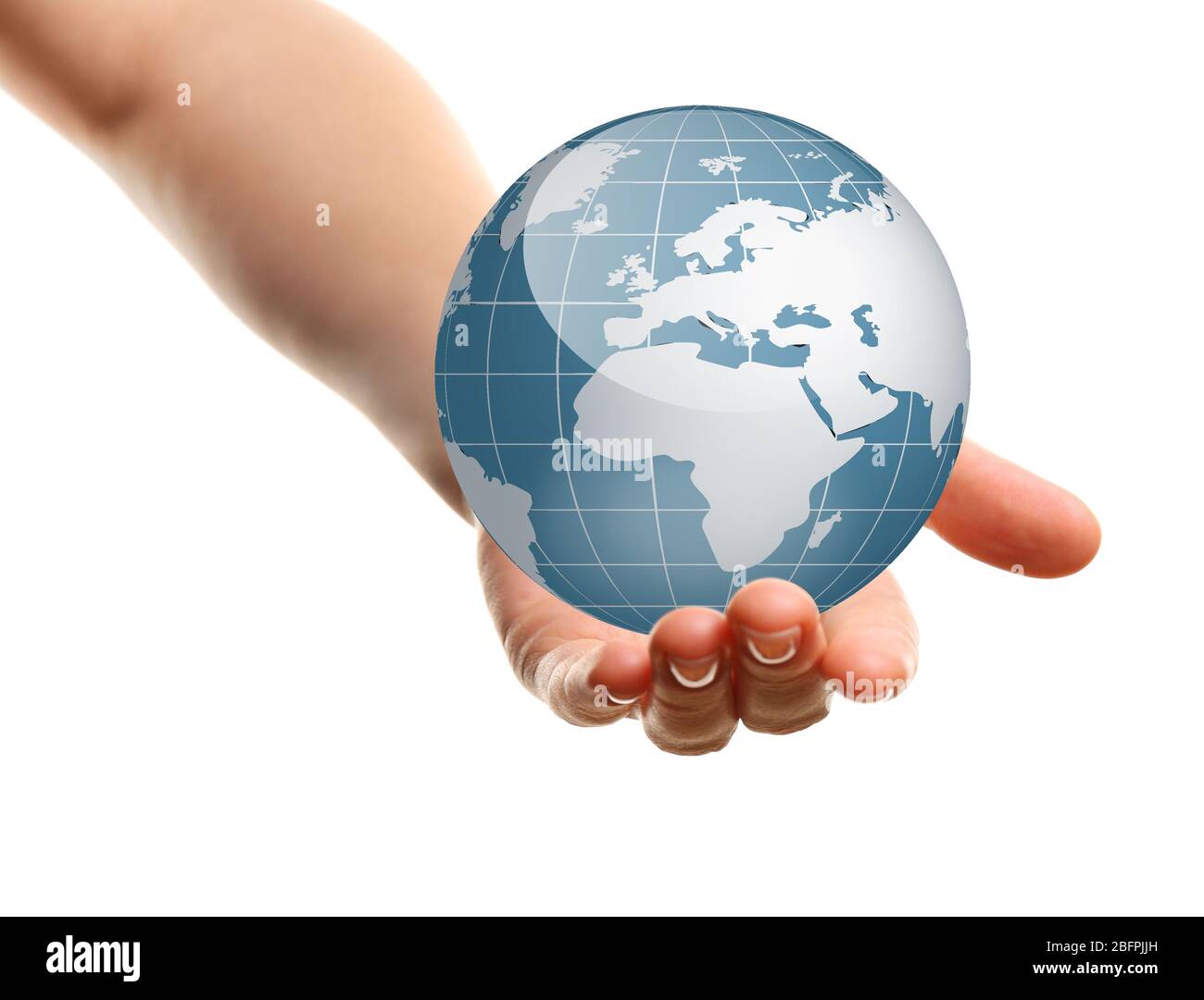 Woman holding globe on white background. Concept of global leadership and geopolitics Stock Photo