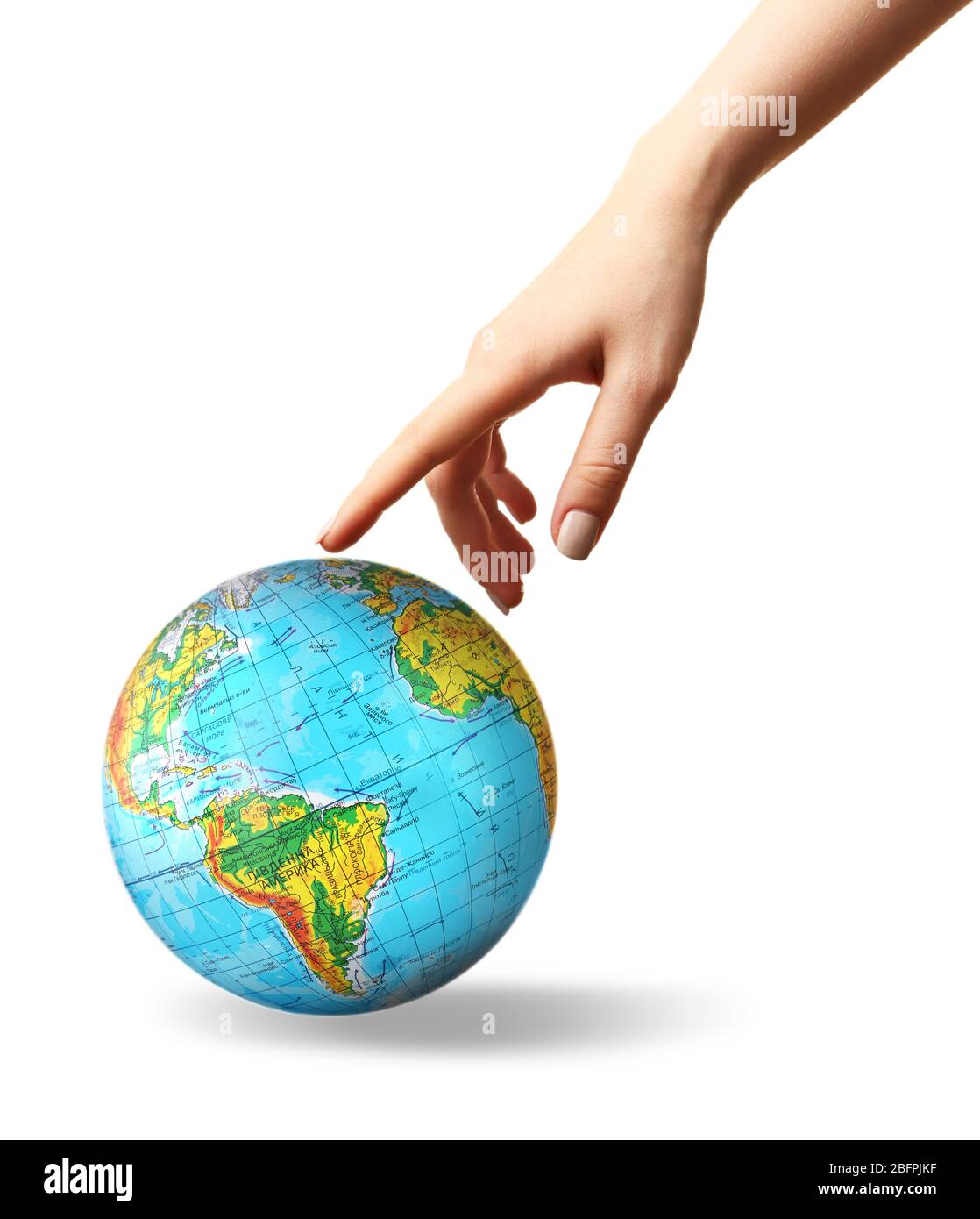 Woman pointing on globe, white background. Concept of global leadership and geopolitics Stock Photo