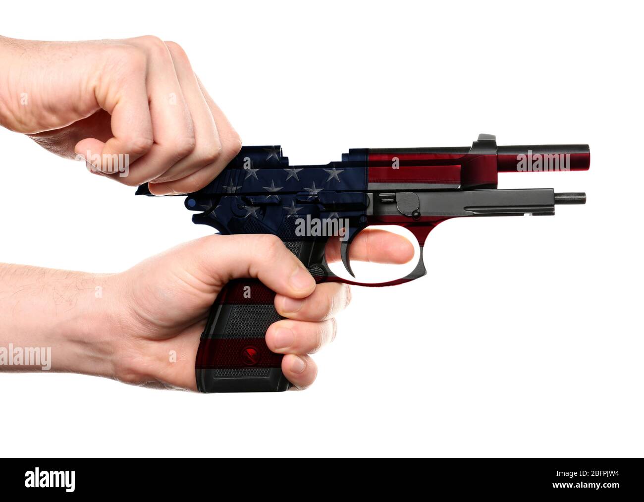 Man reloading firearm with pattern of American flag on white background