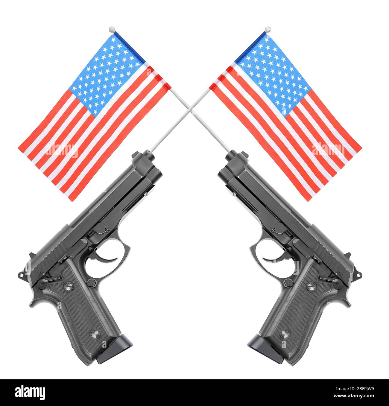 Firearm and American flags on white background. Gun control concept