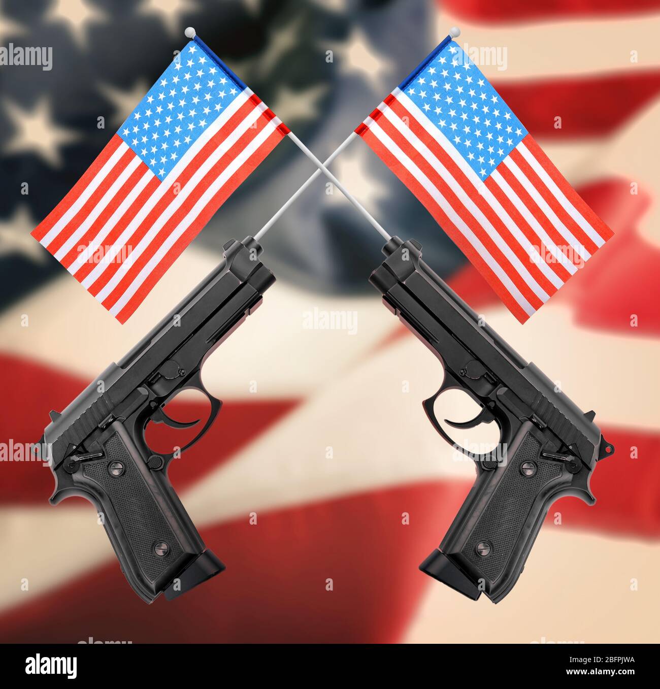 Firearms and American flag on background. Gun control concept Stock