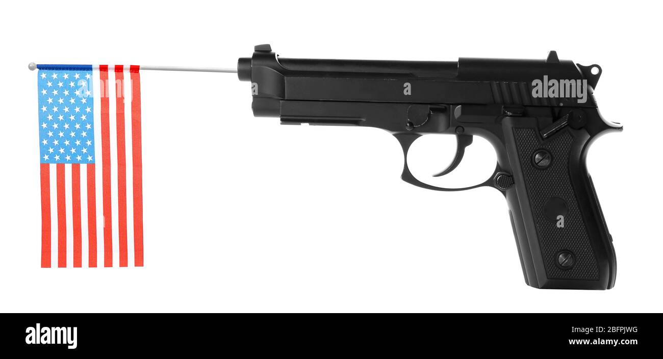 Firearm and American flag on white background. Gun control concept