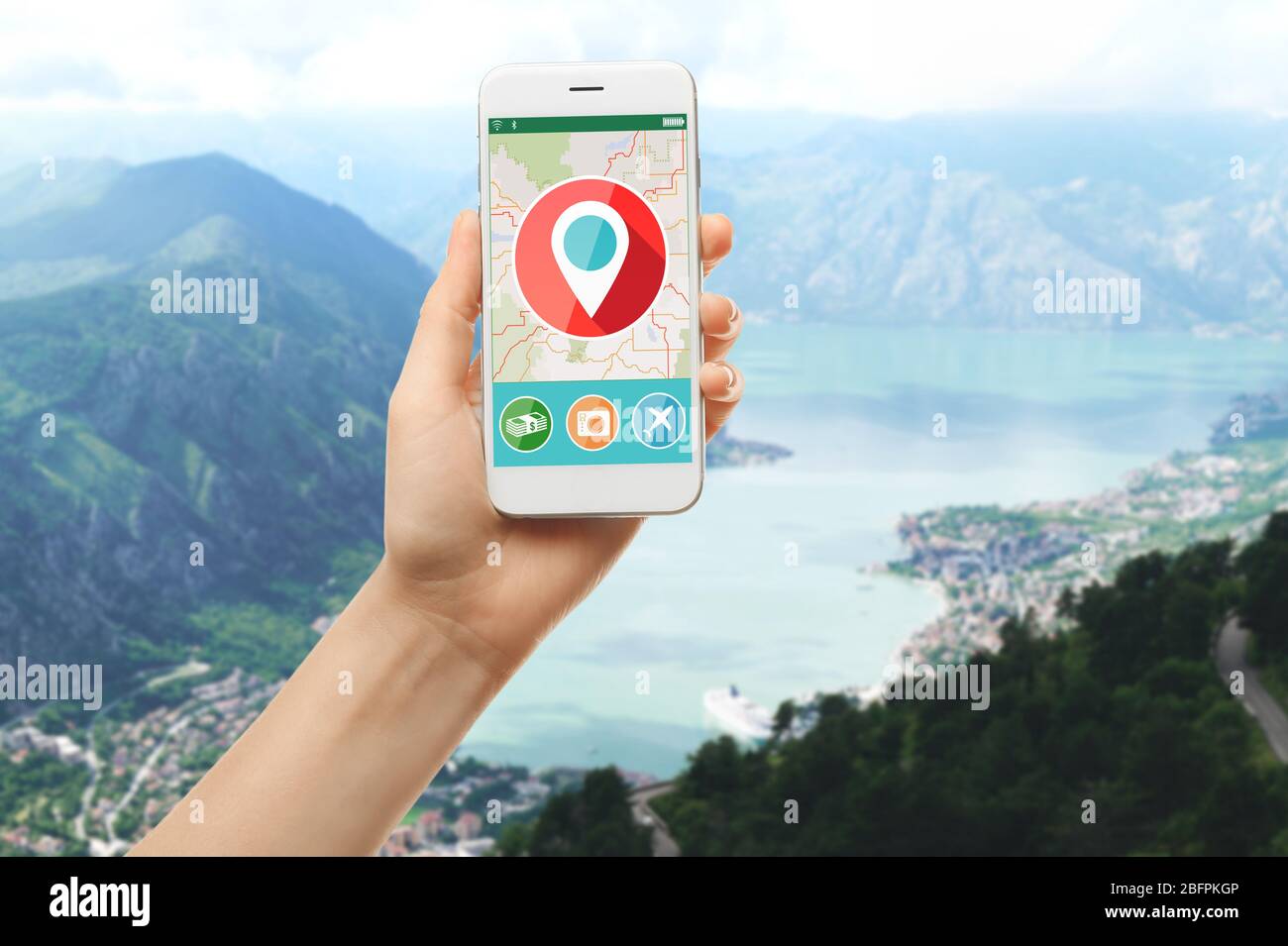 Travel Apps Concept Woman Using Map Application In Smartphone For Planning Route And Landscape On Background Stock Photo Alamy