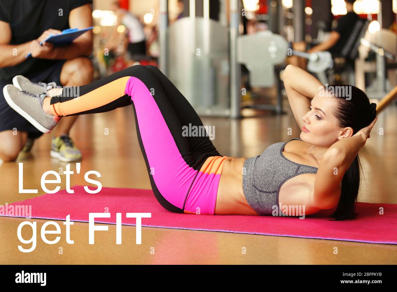 Fitness quotes. Text LET'S GET FIT on background. Young woman training in gym Stock Photo