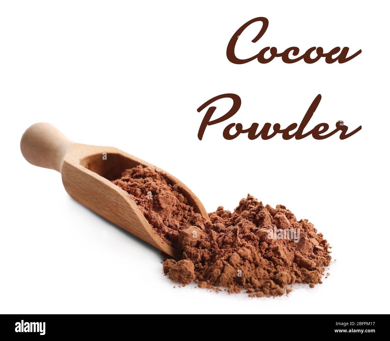 Wooden scoop and cocoa powder on white background Stock Photo Alamy