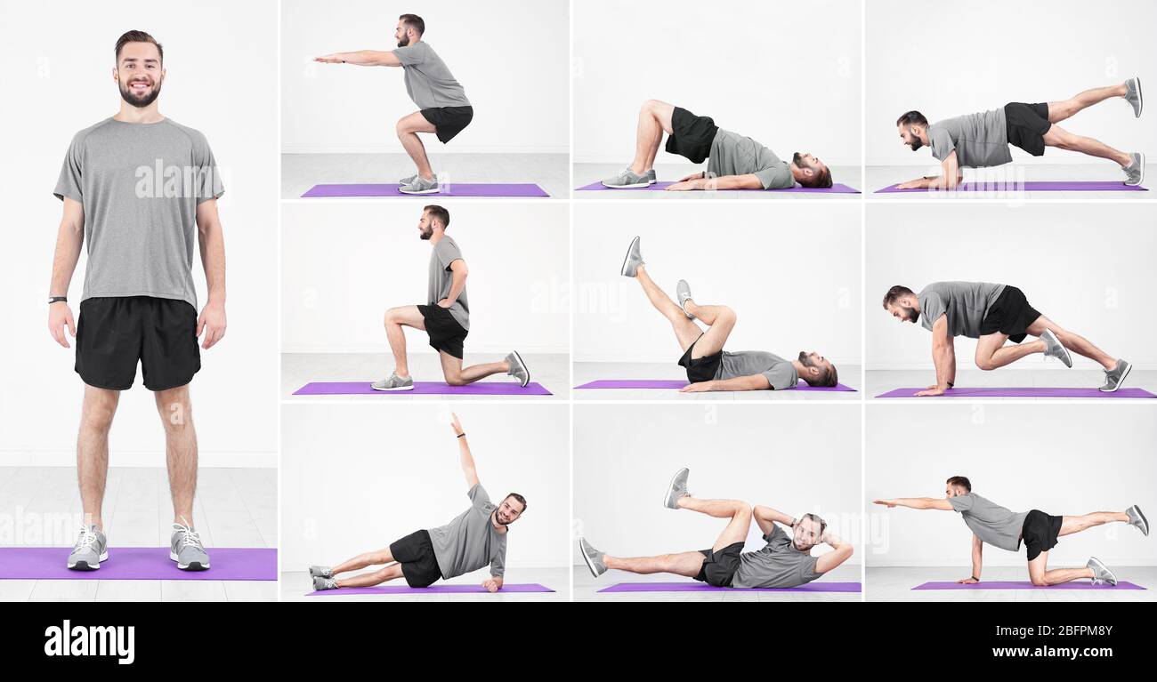 Collage of young man doing different exercises on light wall background. Legs workout tutorial Stock Photo Alamy