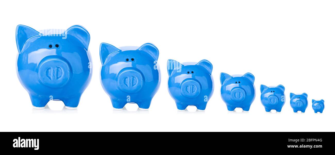 Piggy banks of different sizes on white background Stock Photo Alamy