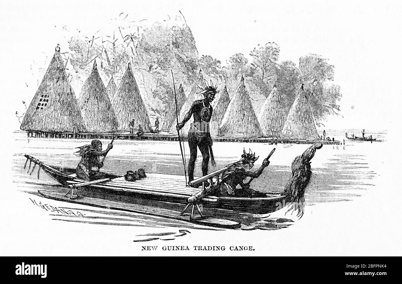 Engraving of a native in New Guinea in his trading canoe Stock Photo
