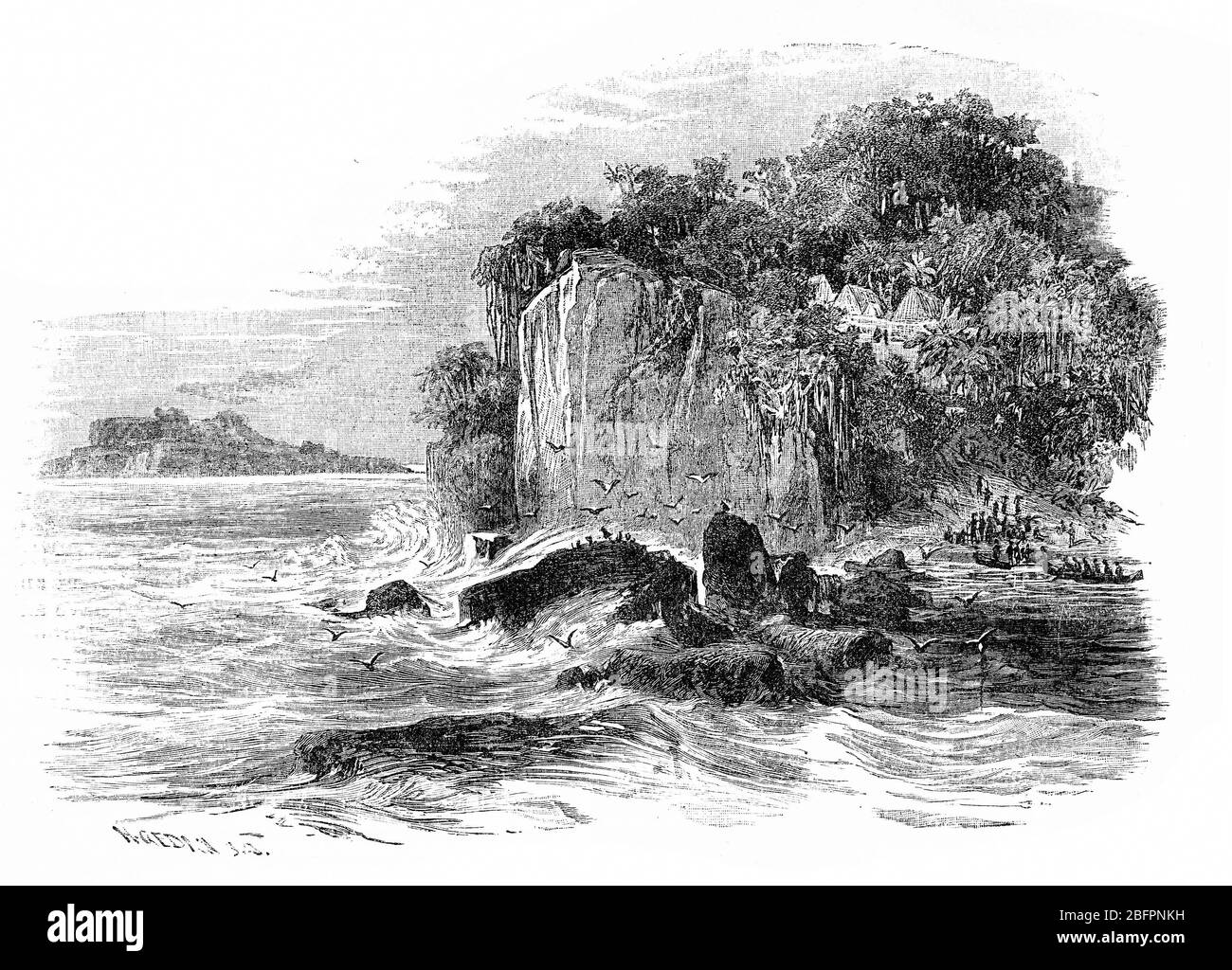 Engraving of natives landing their canoes in rugged country in Torres Strait, north of Australia Stock Photo